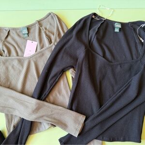Ribbed Long Sleeve Tops - Black and Tan